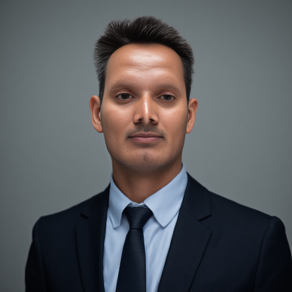 Formal tie portrait · slate grey backdrop