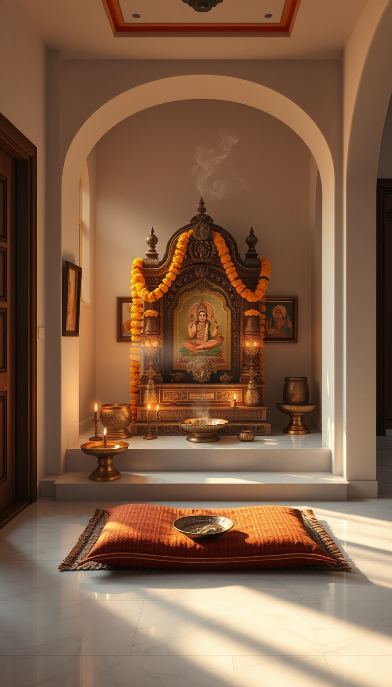 Archway pooja niche · warm lamp light