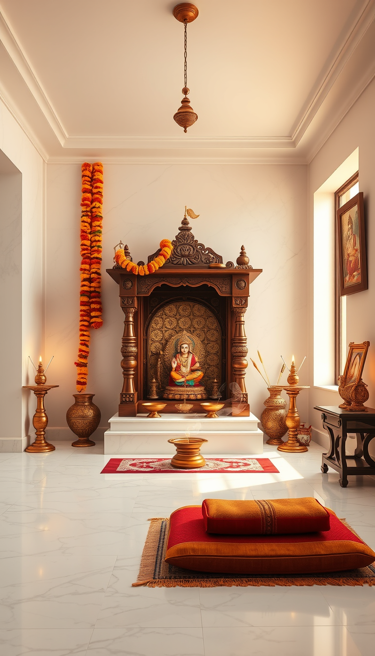 Marigold-trimmed pooja alcove